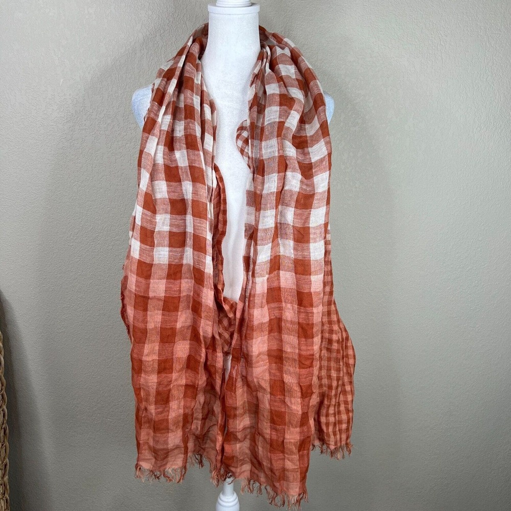 Women's Plaid Fringed Shawl Rap Scarf Orange White One Size
